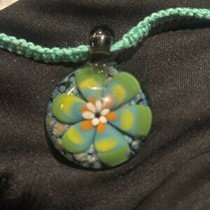 Custom one of a kind Green Floral Glass Pendant Necklace by an incredible artist